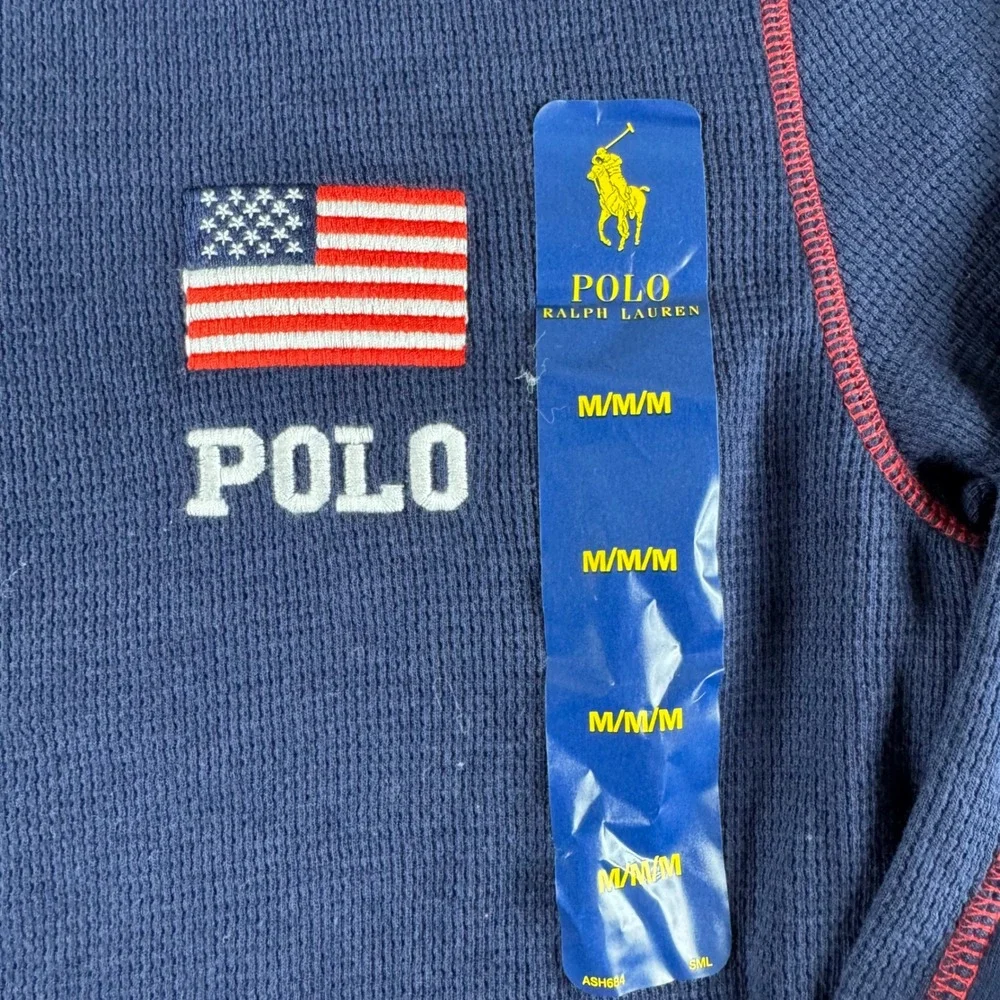 Polo Ralph Lauren Mens Navy Waffle Knit Thermal American Flag Shirt PW35HF M NWT